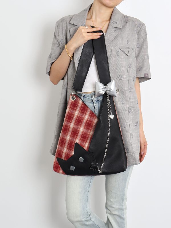 Red Plaid Crossbody Bag - Y2K Cat Underarm Bag for Spring/Summer Fashion