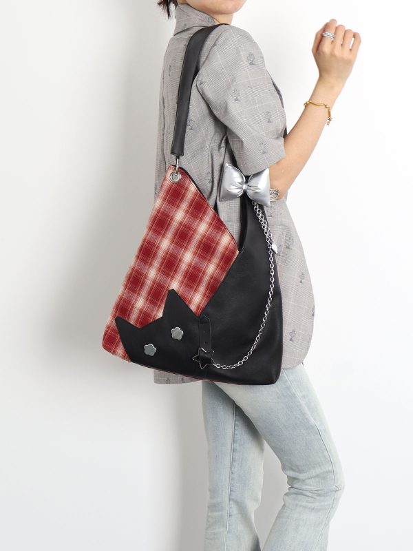 Red Plaid Crossbody Bag - Y2K Cat Underarm Bag for Spring/Summer Fashion