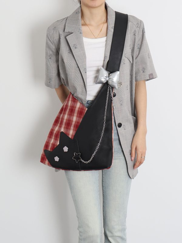 Red Plaid Crossbody Bag - Y2K Cat Underarm Bag for Spring/Summer Fashion