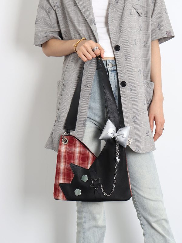 Red Plaid Crossbody Bag - Y2K Cat Underarm Bag for Spring/Summer Fashion