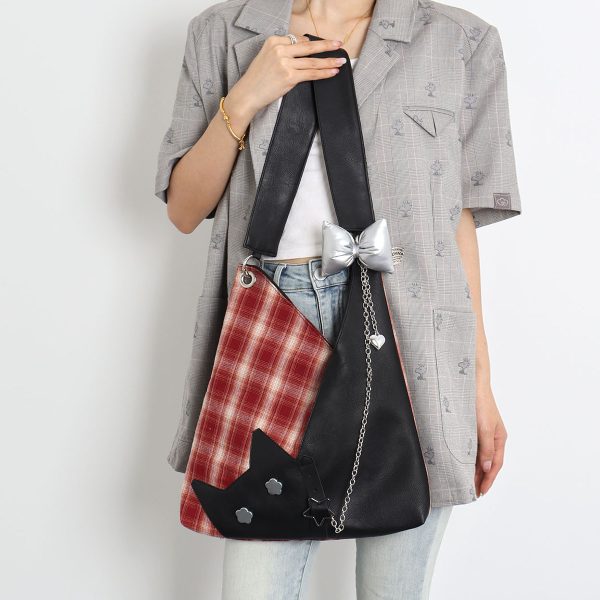 Red Plaid Crossbody Bag - Y2K Cat Underarm Bag for Spring/Summer Fashion