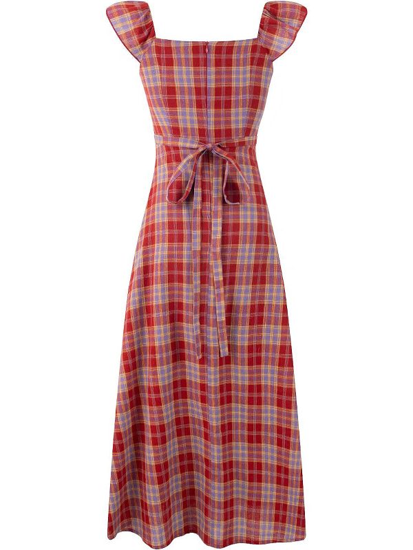 Red Plaid French V-Neck Summer Long Dress - 2025 New Arrival, Waist-Defining and Slimming, Perfect for Vacation Style