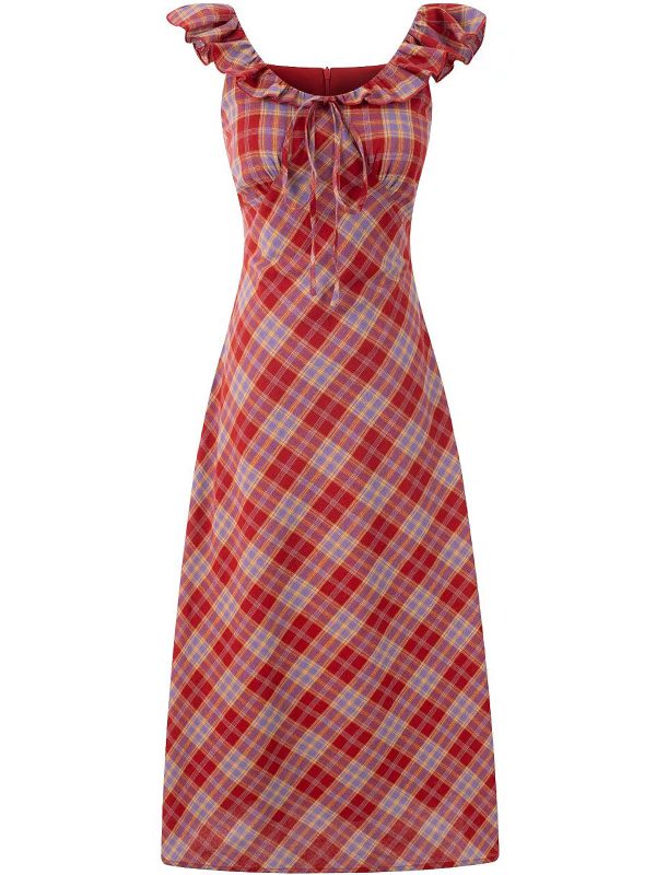 Red Plaid French V-Neck Summer Long Dress - 2025 New Arrival, Waist-Defining and Slimming, Perfect for Vacation Style