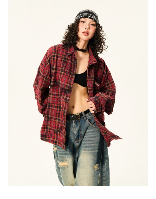 Red Plaid Loose Long Sleeve Shirt for Women - American Vintage Style for Early Autumn, 90s Inspired Fashion