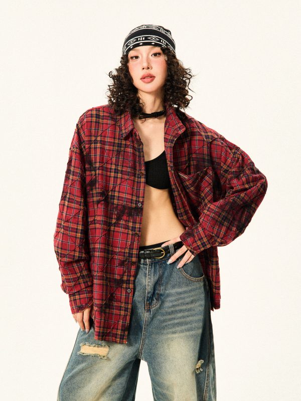 Red Plaid Loose Long Sleeve Shirt for Women - American Vintage Style for Early Autumn, 90s Inspired Fashion