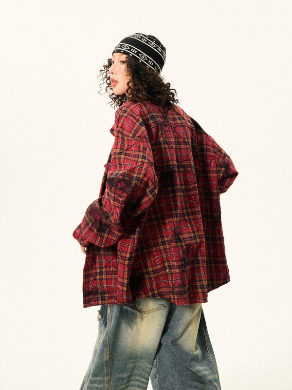 Red Plaid Loose Long Sleeve Shirt for Women - American Vintage Style for Early Autumn, 90s Inspired Fashion