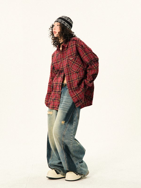 Red Plaid Loose Long Sleeve Shirt for Women - American Vintage Style for Early Autumn, 90s Inspired Fashion