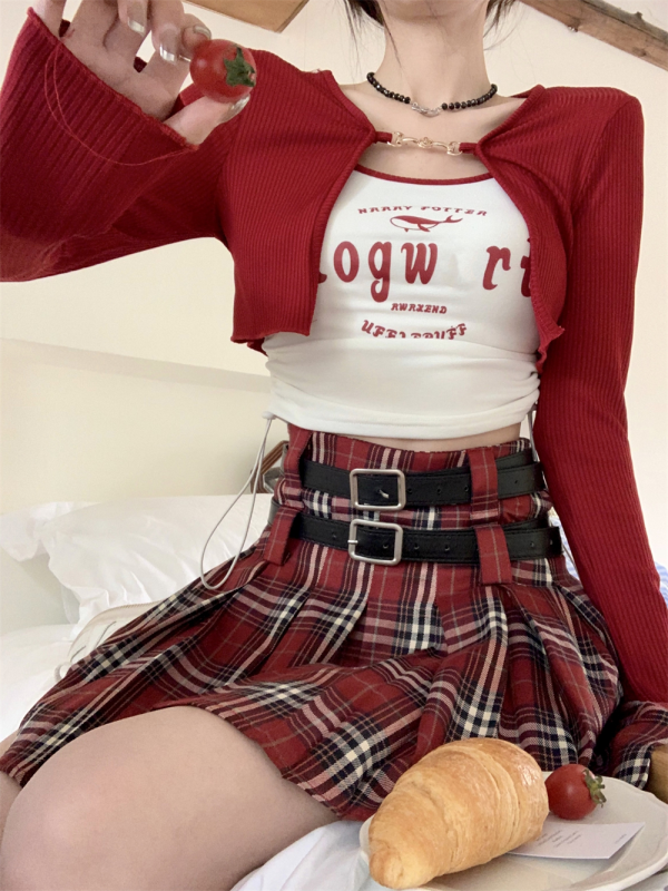 Red Plaid Pleated A-Line Skirt for Women, American Retro College Style, Slimming Anti-Exposure JK Short Skirt, Y2K Fashion