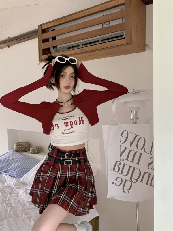 Red Plaid Pleated A-Line Skirt for Women, American Retro College Style, Slimming Anti-Exposure JK Short Skirt, Y2K Fashion