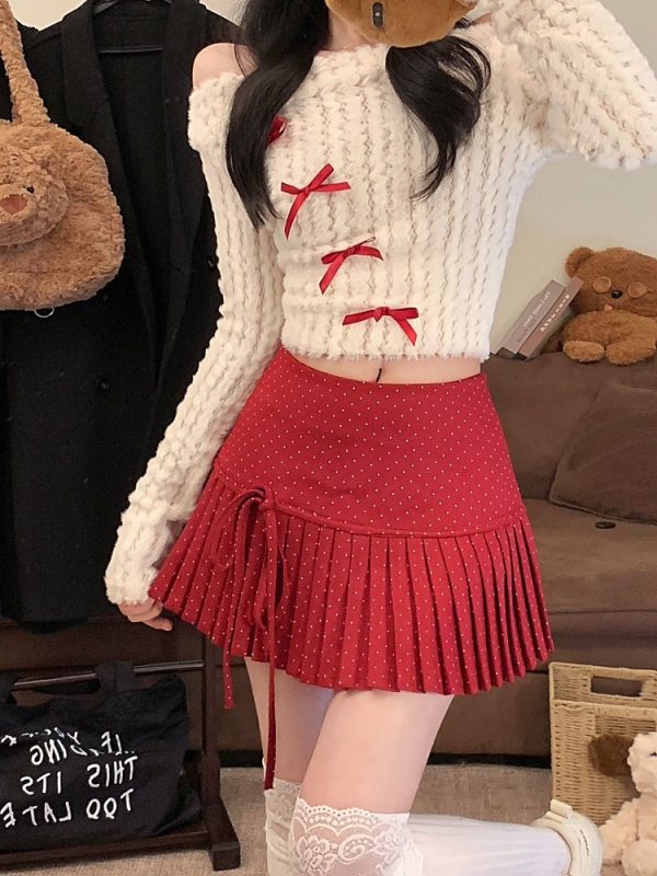 Red Polka Dot Pleated High-Waisted A-Line Skirt for Women - Spring Summer Fashion for Petite Figures
