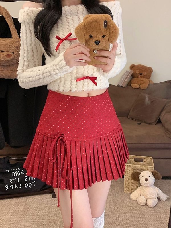 Red Polka Dot Pleated High-Waisted A-Line Skirt for Women - Spring Summer Fashion for Petite Figures