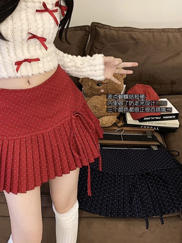 Red Polka Dot Pleated High-Waisted A-Line Skirt for Women - Spring Summer Fashion for Petite Figures