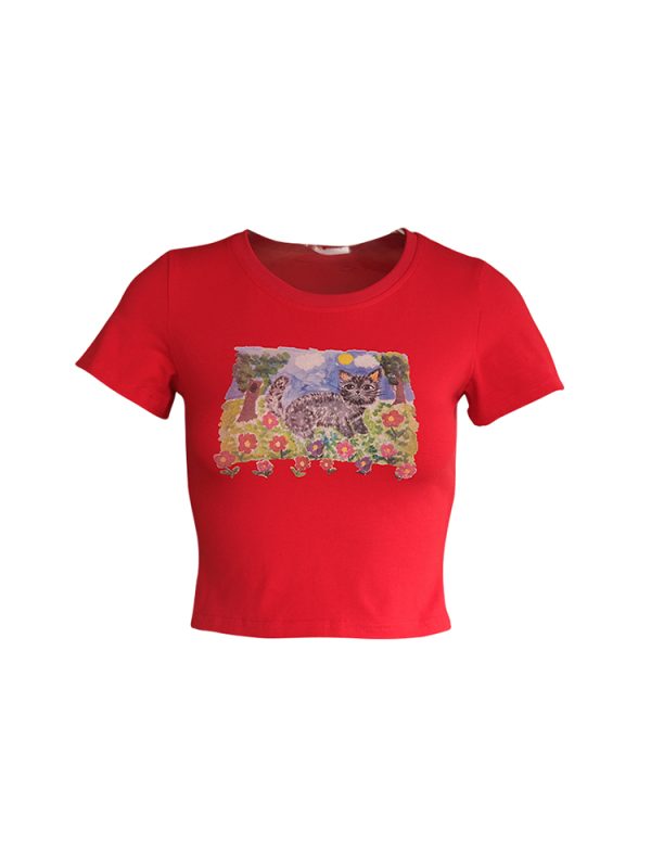 Red Printed Short Sleeve T-Shirt for Women - Vintage Summer Slim Fit Round Neck Top - Y2K Fashion Style