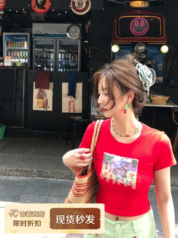 Red Printed Short Sleeve T-Shirt for Women - Vintage Summer Slim Fit Round Neck Top - Y2K Fashion Style