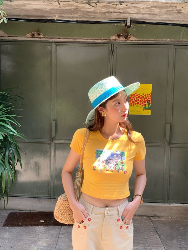 Red Printed Short Sleeve T-Shirt for Women - Vintage Summer Slim Fit Round Neck Top - Y2K Fashion Style