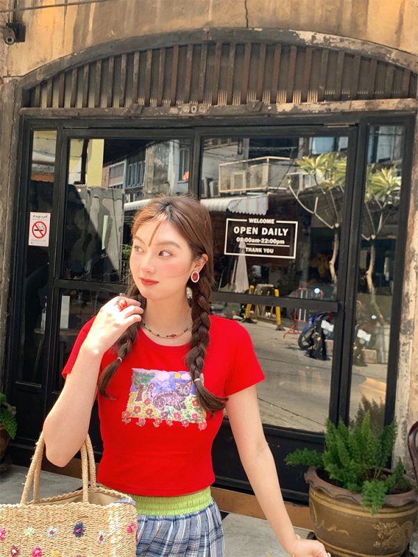 Red Printed Short Sleeve T-Shirt for Women - Vintage Summer Slim Fit Round Neck Top - Y2K Fashion Style
