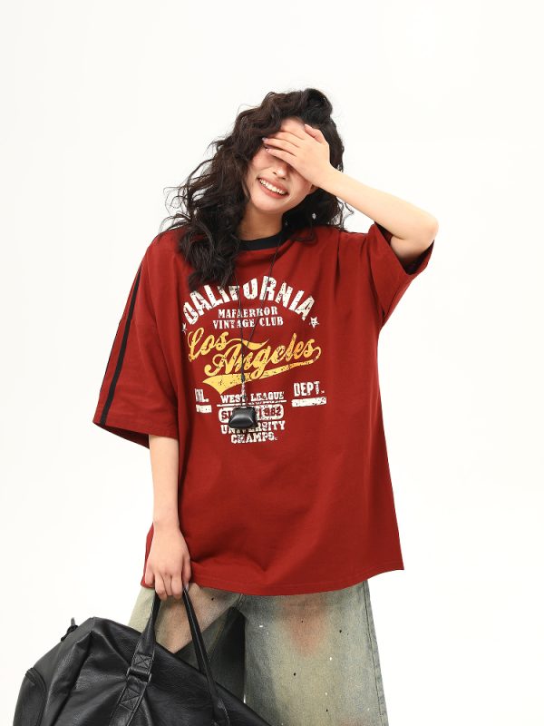 Red Retro Letter Print Short Sleeve T-Shirt for Women - Summer College Style, High-End Feel, Casual American Fashion