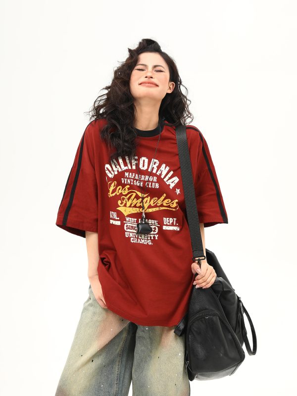 Red Retro Letter Print Short Sleeve T-Shirt for Women - Summer College Style, High-End Feel, Casual American Fashion