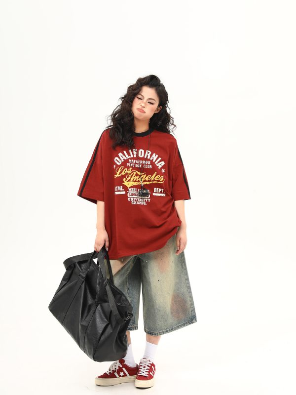 Red Retro Letter Print Short Sleeve T-Shirt for Women - Summer College Style, High-End Feel, Casual American Fashion