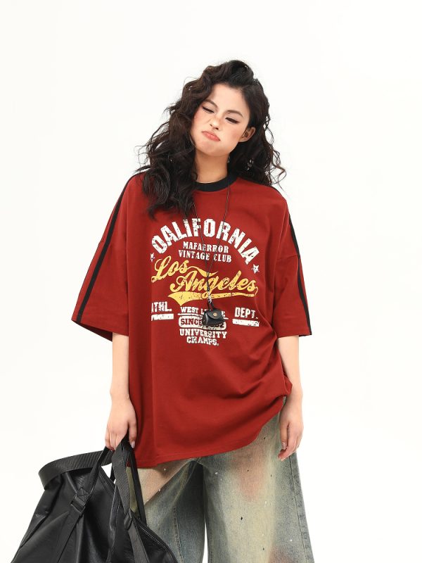 Red Retro Letter Print Short Sleeve T-Shirt for Women - Summer College Style, High-End Feel, Casual American Fashion
