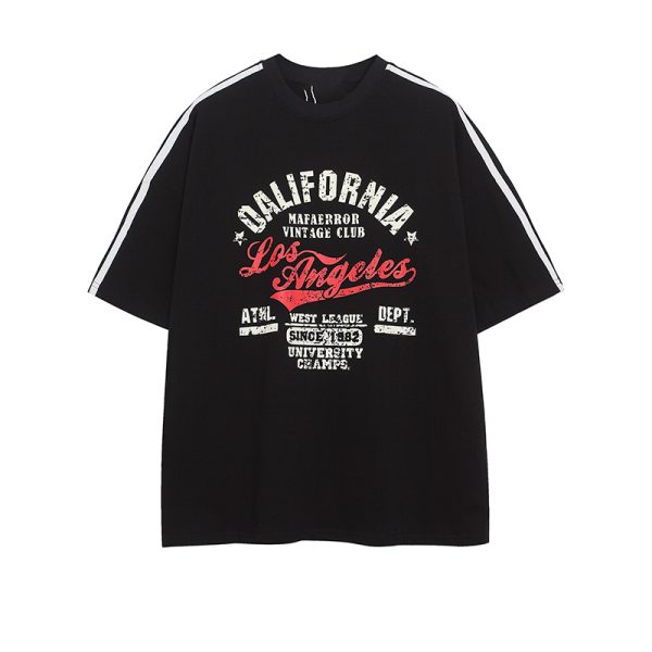 Red Retro Letter Print Short Sleeve T-Shirt for Women - Summer College Style, High-End Feel, Casual American Fashion