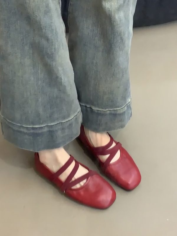 Red Sheepskin Mary Jane Flat Shoes for Women - French Cross Strap Shallow Mouth Evening Ballet Style