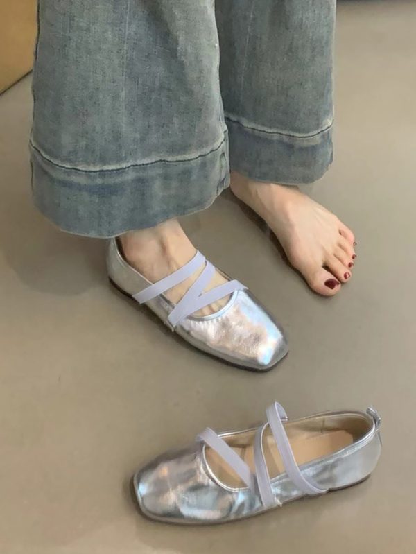 Red Sheepskin Mary Jane Flat Shoes for Women - French Cross Strap Shallow Mouth Evening Ballet Style