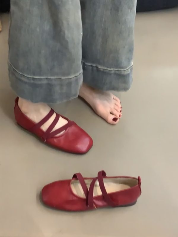 Red Sheepskin Mary Jane Flat Shoes for Women - French Cross Strap Shallow Mouth Evening Ballet Style