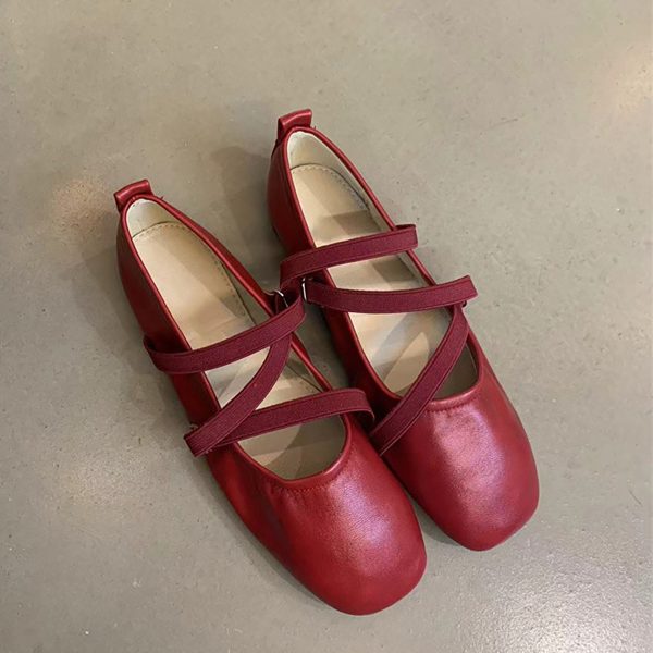Red Sheepskin Mary Jane Flat Shoes for Women - French Cross Strap Shallow Mouth Evening Ballet Style
