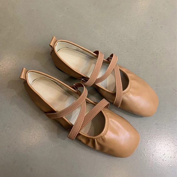 Red Sheepskin Mary Jane Flat Shoes for Women - French Cross Strap Shallow Mouth Evening Ballet Style