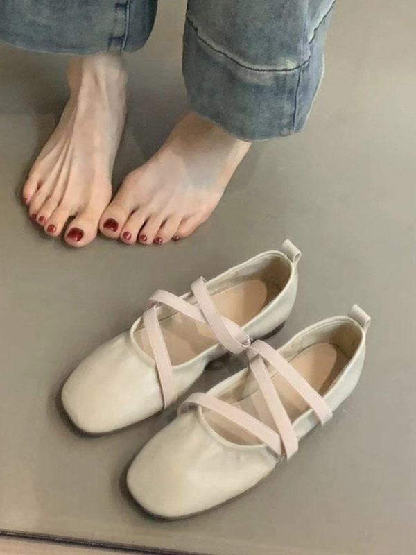 Red Sheepskin Mary Jane Flat Shoes for Women - French Cross Strap Shallow Mouth Evening Ballet Style