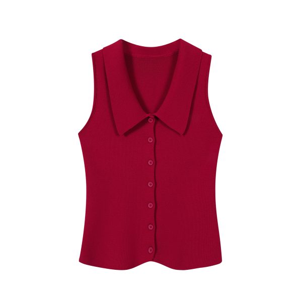Red Sleeveless Polo Collar Knitted Vest Top for Women - Summer 2025 Fashion, Trendy Casual Style
