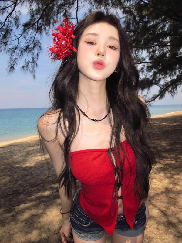 Red Strapless Top for Women - French Style Bow Hollow Design, Slim Fit, Trendy Spring Fashion
