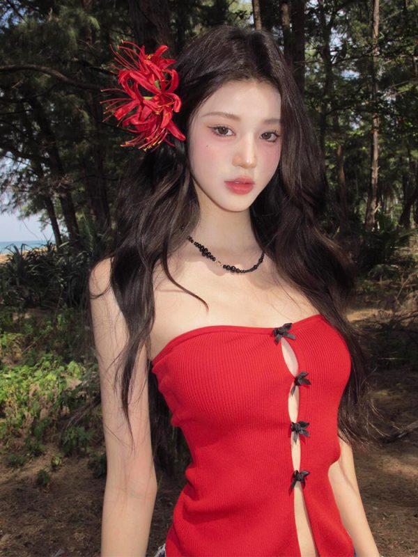 Red Strapless Top for Women - French Style Bow Hollow Design, Slim Fit, Trendy Spring Fashion