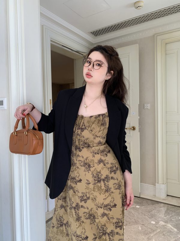 Red Tea Rose French Vintage Ink Wash Printed Slimming Long Dress - Slightly Chubby Fit, Perfect for 90s and Y2K Inspired Looks
