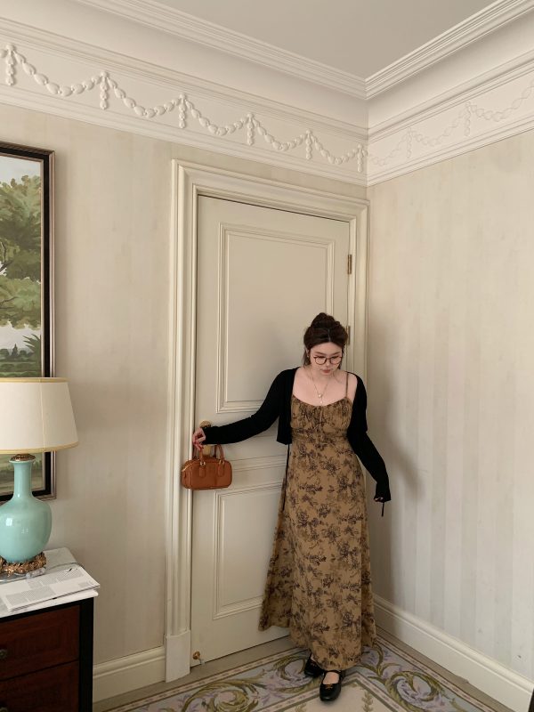 Red Tea Rose French Vintage Ink Wash Printed Slimming Long Dress - Slightly Chubby Fit, Perfect for 90s and Y2K Inspired Looks
