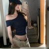 Relaxed Style Asymmetrical Shoulder Strap Short Sleeve T-Shirt for Women - Summer Slim Fit Top with Chest Pad