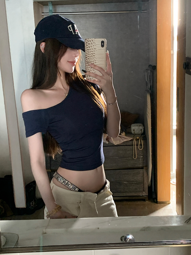 Relaxed Style Asymmetrical Shoulder Strap Short Sleeve T-Shirt for Women - Summer Slim Fit Top with Chest Pad