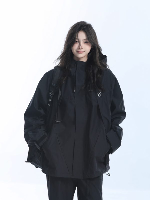 Retro American High-Neck Windbreaker Jacket for Women - Loose Waterproof Windproof Outdoor Black Jacket