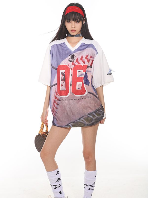 Retro American Sports Loose Jersey Football T-Shirt - Short Sleeve Spliced Mesh Top for Summer Street Style