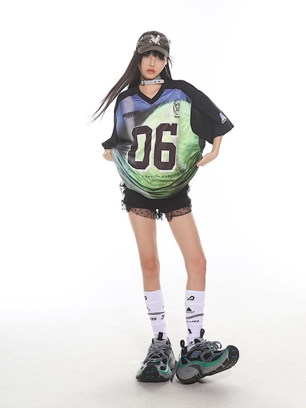 Retro American Sports Loose Jersey Football T-Shirt - Short Sleeve Spliced Mesh Top for Summer Street Style