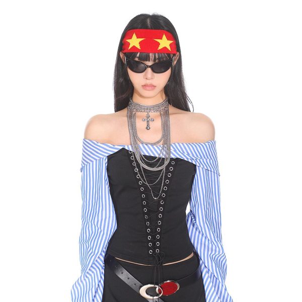 Retro American Style Color Block Fitness Headband for Men and Women - Five-Pointed Star Design, Y2K Sports Accessories