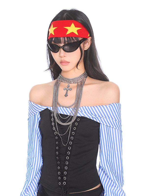 Retro American Style Color Block Fitness Headband for Men and Women - Five-Pointed Star Design, Y2K Sports Accessories