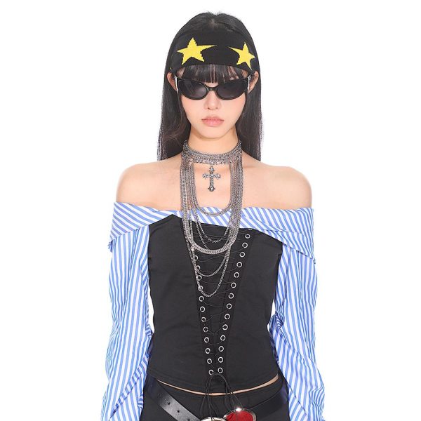 Retro American Style Color Block Fitness Headband for Men and Women - Five-Pointed Star Design, Y2K Sports Accessories