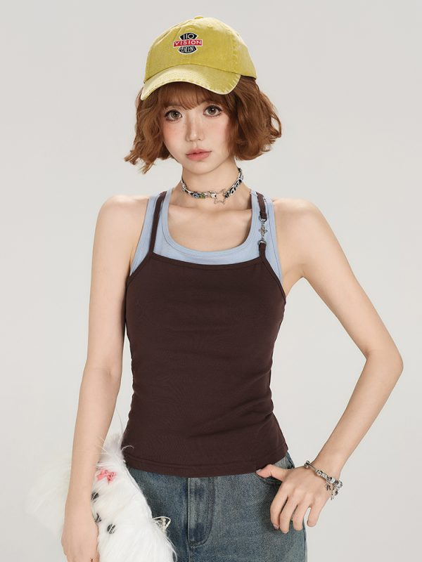 Retro American Style Fake Two-Piece Camisole for Women - Summer Spicy Girl Outerwear Top