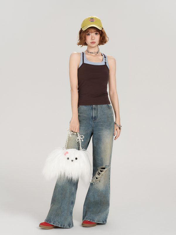 Retro American Style Fake Two-Piece Camisole for Women - Summer Spicy Girl Outerwear Top