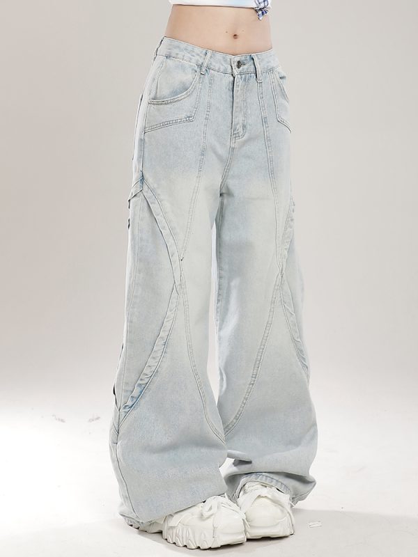 Retro American Vibe Wide-Leg Jeans for Women - Light-Colored Casual Draped Floor-Length Pants for Spring Fashion