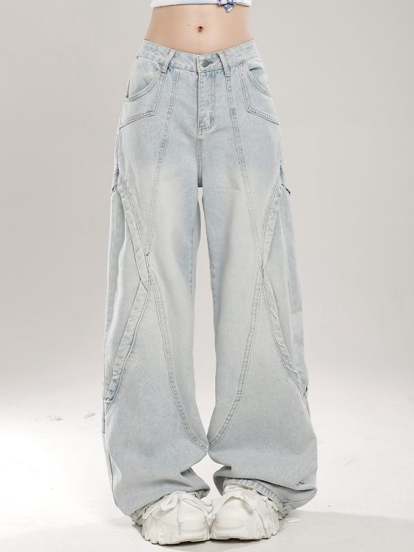 Retro American Vibe Wide-Leg Jeans for Women - Light-Colored Casual Draped Floor-Length Pants for Spring Fashion