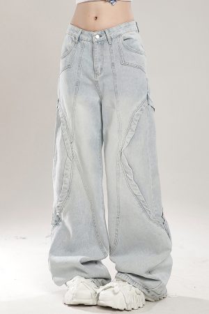 Retro American Vibe Wide-Leg Jeans for Women - Light-Colored Casual Draped Floor-Length Pants for Spring Fashion