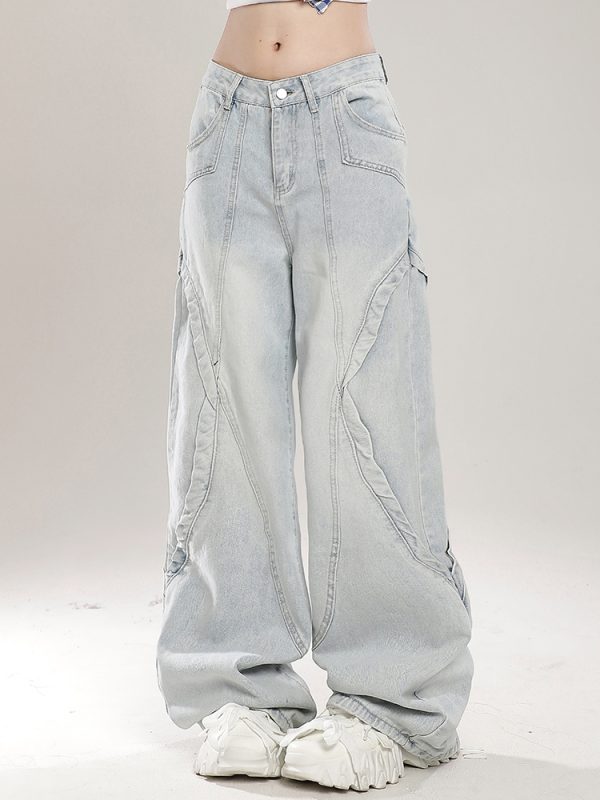 Retro American Vibe Wide-Leg Jeans for Women - Light-Colored Casual Draped Floor-Length Pants for Spring Fashion